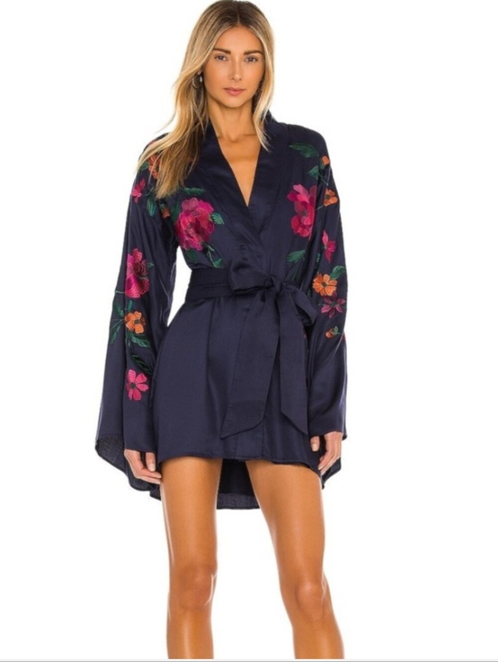 House Of Harlow Mika Navy Floral Satiny Mini Kimono Dress Missing Belt Bohemian